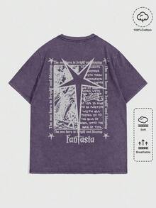 ROMWE MEN Street Life Áo thun nam tay ngắn in khẩu hiệu mùa hè và ngôi sao năm cánh, phong cách thập niên 2000 - Màu tím - Xem 1