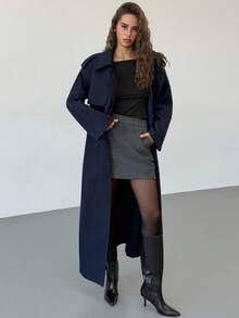 Aloruh 女式长袖风衣，带口袋，收腰，海军蓝，秋冬 - 藏蓝色 - 查看 4