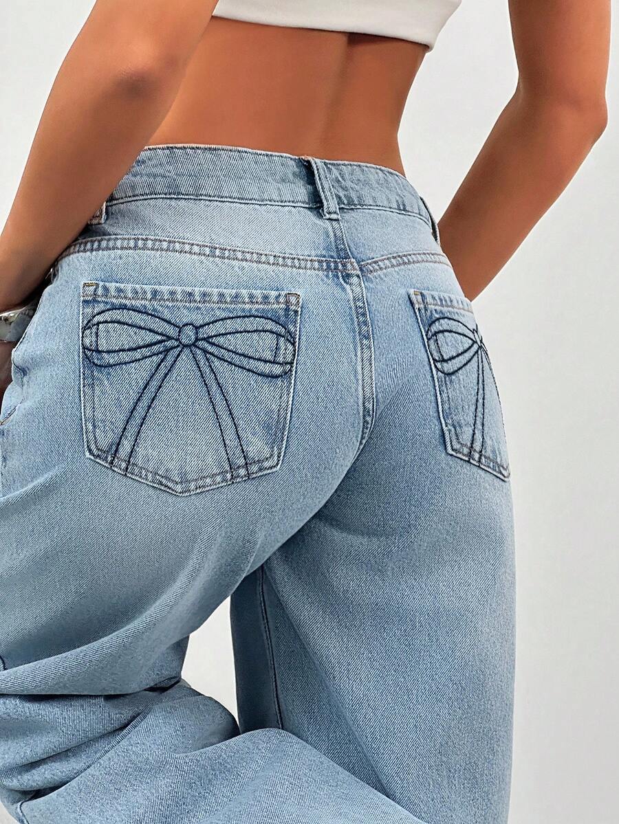 EURMUSE 低腰水洗细节直筒牛仔裤 - 中等水洗藍 - 查看 1