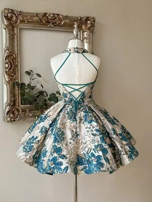 Lovelzi Luxury Palace Style Jacquard Fabric Green Halter Backless Criss-Cross Tie A-Line Flare Dress, Suitable For Dates, Vacations, Singles Parties, Balls, Weddings, Graduations, Prom