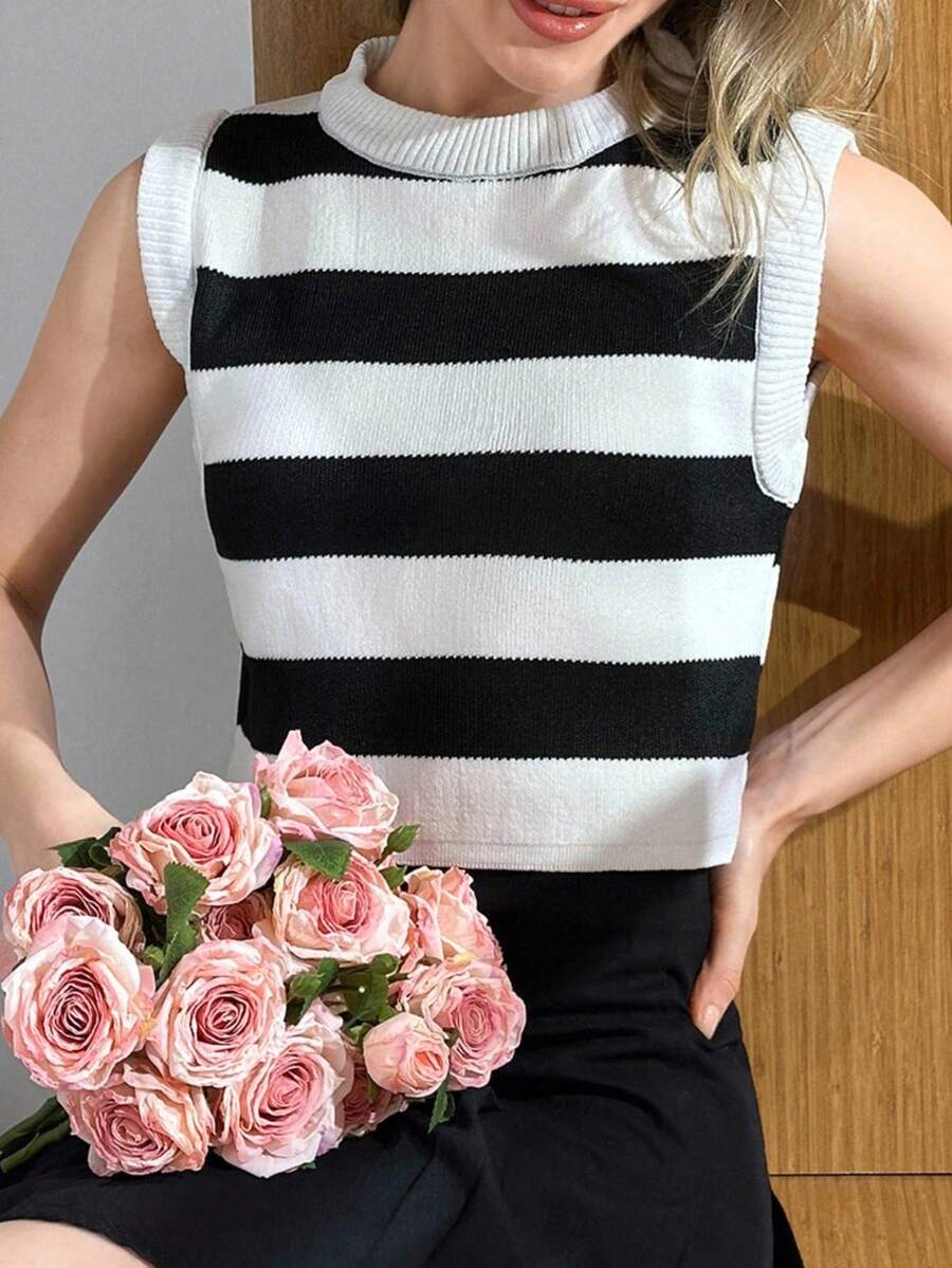 EURMUSE Women Sweater Knit Top Black And White Black And White Striped Top Striped Top Summer Tops Women Knit Tops Black And White Stripe Top - Black and White - View 1