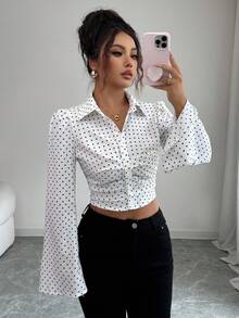 INAWLY Women's Elegant Casual Pleated Flare Sleeve Polka Dot Open Front Blouse, Suitable For Travel, Vacation, And Dates, Autumn/Winter Fall Cloth For Women - White - View 7