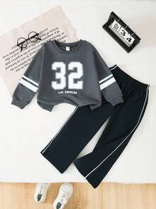 Genkimix Kids 2 件套幼儿男童 32 号印花长袖上衣和条纹下装，秋冬活力装 - 藏蓝色 - 查看 3