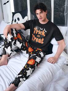 CoupledUp 男士卡通针织印花万圣节南瓜、蝙蝠、鬼魂短袖 T 恤和裤子休闲睡衣套装 - 黑色 - 查看 2