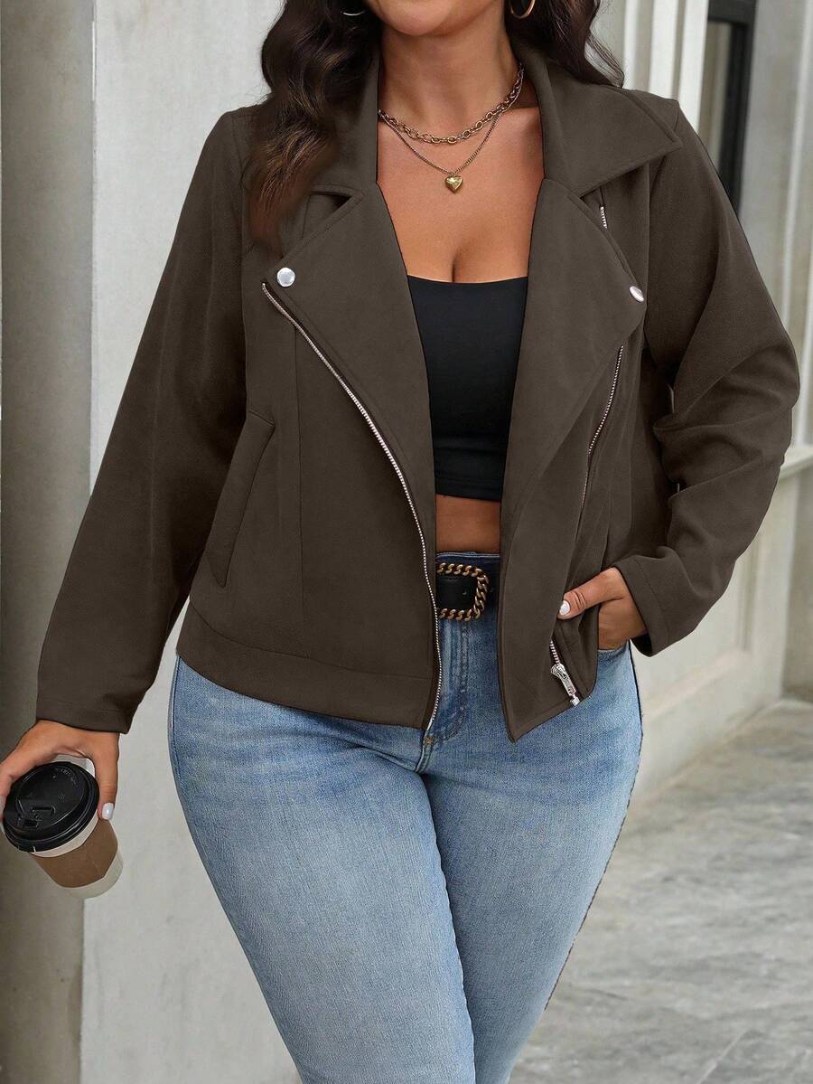 EMERY ROSE Plus Size Women's Solid Color Long Sleeve Zip-Up Casual Motorcycle Jacket, Autumn Winter Fall - Coffee Brown - View 1