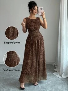 Rafferiza 女式优雅豹纹网眼圆领褶饰抽绳腰部 A 字形无袖长裙 - 鏽棕色 - 查看 6