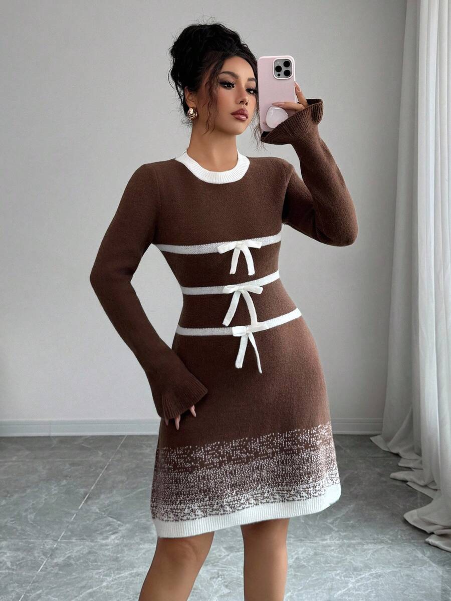 Selianne Women's Autumn/Winter New Bow Decor Design Flare Sleeve Round Neck Sweet Girly Pullover Knit Sweater Dress Fall Cloth For Women - Coffee Brown - View 1