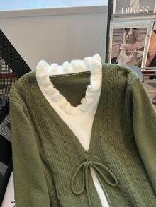 Franclia French Casual Style Olive Green V-Neck Ruffled Trim Pom Pom Knit Pullover Sweater