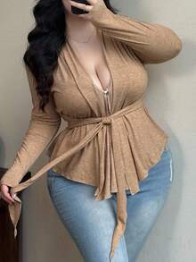 Flirla Plus Size Women V-Neck Gathered Waist Cinched Waist Khaki Bodycon T-Shirt With Asymmetric Hem, Fall Top, Autumn/Winter