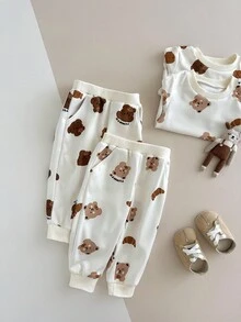 SHEIN 4pcs/Set Baby Boys' Outfit,Cute Off-White Cocoa Bear & Fish Print,YUMMY Letter,Ribbed Cuffs & Hem,Comfortable Autumn Casual Wear,Family Matching - Apricot - View 9