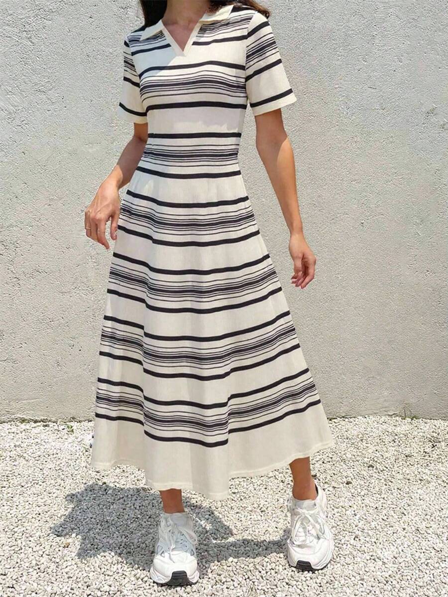 INAWLY 女士休闲条纹V领短袖长裙，夏季 - 彩色 - 查看 1