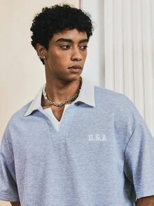 SWAVVY 男士休闲二合一前字母刺绣短袖Polo衫 - 淺灰色 - 查看 3