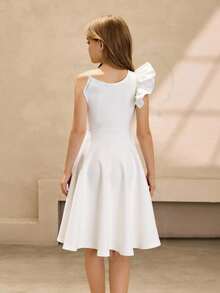 Váy ngắn màu trơn cạp cao tay bồng vai bất đối xứng thời trang thanh lịch dành cho bé gái tuổi mới lớn với họa tiết hoa ngọc trai giả 3D, thích hợp cho lễ tốt nghiệp, đám cưới, phù dâu, những dịp trang trọng, Giáng sinh, tiệc Halloween - trắng - Xem 2