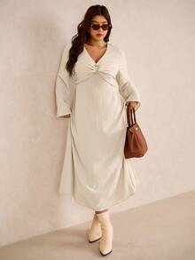 Elaquor Plus Size Elegant Minimalist Modern Urban V-Neck Long Sleeve Metal Button Slit Maxi Dress For Women, All Season - Apricot - View 4