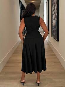 Alexandranx مجموعة قطعتين حريمي من الفستان الطويل والسترة البديلة الأنيقة بأزرار كبيرة بلا أكمام للربيع والصيف، طابع مهني وكاجوال - الأسود - مشاهدة 2