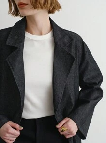 FRIFUL 女士宽松纯色牛仔效果翻领休闲西装外套，秋季商务着装