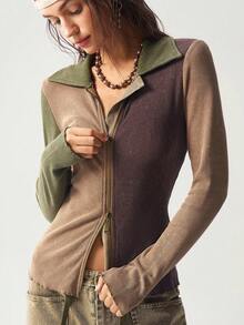 Bohemela 休闲针织拼布长袖修身女上衣 - 摩卡棕 - 查看 4