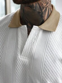 Manfinity Homme 男士撞色短袖休闲通勤 Polo 衫，复古风 - 白色 - 查看 5