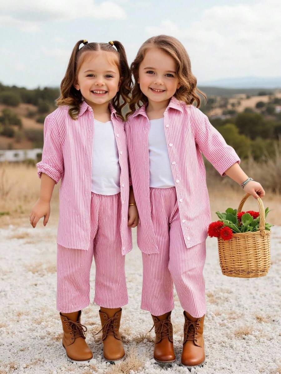 SHEIN 2pcs Young Girl Woven Striped Casual Shirt And Loose Woven Casual Pants Set - Pink - View 1