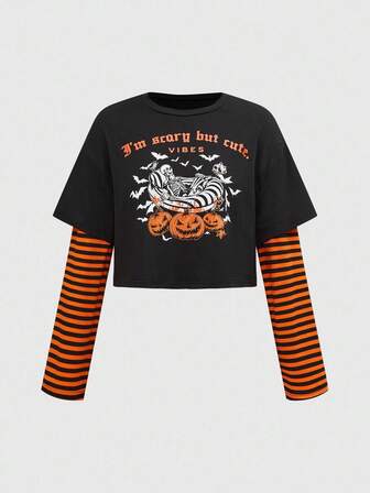 Halloween Pumpkin Skull Graphic Striped Contrast Color Casual Women Long Sleeve T-Shirt