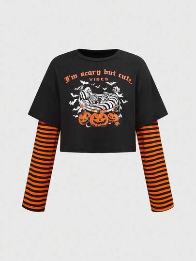 T-shirt décontracté à manches longues pour femmes avec motif de crâne de citrouille d'Halloween et rayures contrastées