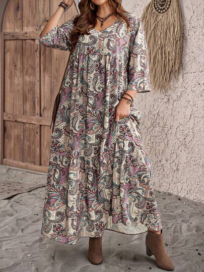 EMERY ROSE Vestido casual de vacaciones de manga 3/4 con cuello en V y estampado de anacardo para mujer de talla grande