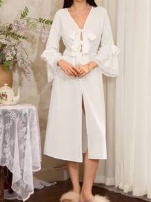 Côtesoire 女士优雅法式蝴蝶结睡袍，优雅家居服白色蕾丝边睡袍白色睡袍，秋季 - 白色 - 查看 4