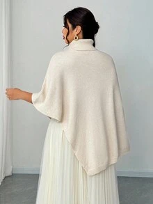 Elenzga Damen einfarbiger Cape Weihnachtsstil Stehkragen Lässig Elegant Locker Büro Design Unregelmäßiger Saum Große Größen Strickpullover Cape Schal Warm Mantel, Herbst Winter - Aprikosenfarben - Übersicht 2