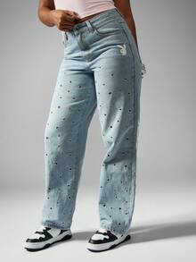 Missguided x Playboy 棉质阔腿牛仔裤，金属孔眼兔子标志，宽松版型高腰浅洗牛仔裤 - 藍色 - 查看 1