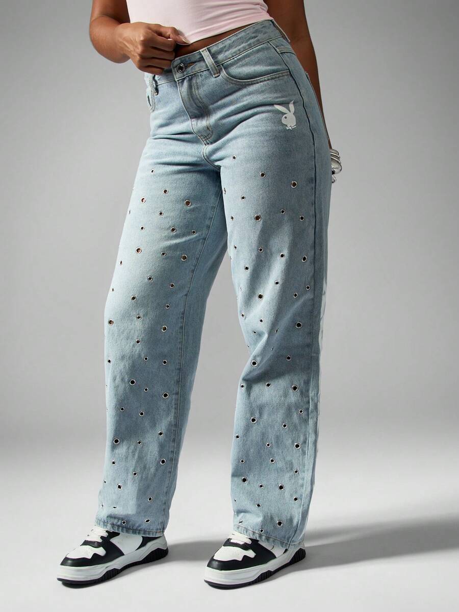 Missguided x Playboy 棉质阔腿牛仔裤，金属孔眼兔子标志，宽松版型高腰浅洗牛仔裤 - 藍色 - 查看 1