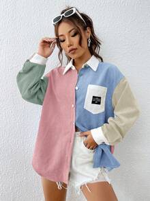 SHEIN EZwear 女款休閒日常對比色拼接基本款夾克 秋冬寬鬆版型鈕扣開襟襯衫外套 - 彩色 - 查看 5