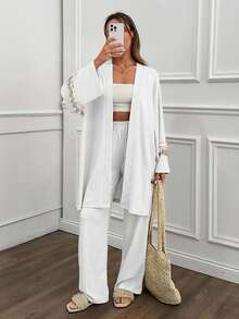 Women, Spring, Summer, Two Set, Kimono, Pant, Trims, Tassel, Elastic Bant, Comfortable, Crinkle Fabric - White - View 7