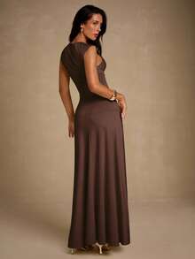 Glamine 女士优雅性感扭纹 V 领收腰长裙（浅黄色），适合派对、日常穿着、花园聚会 - 棕色 - 查看 5