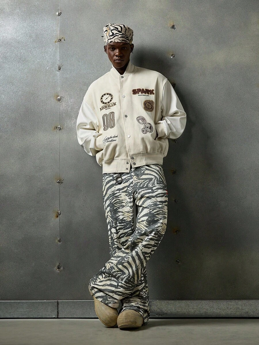 NEON BLANC 男士时尚斑马纹直筒牛仔裤 - 杏色 - 查看 1