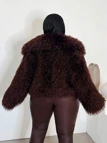 Maweii Plus Size Women Fluffy Curly Faux Fur French Elegant V-Neck Short Loose Burgundy Winter Jacket - Burgundy - View 2