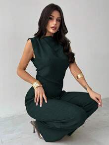 Firerie Khaki Minimalist Elegant Casual Commute Office Outfit: Sleeveless Asymmetric Ruched Waist Women's Blouse + Regular Ruched Wide Leg Women's Pants, Linen Commute Suit, Beach Outfits For Women, Airport Outfit, Vacation Outfits, Teacher Outfit - Teal Blue - View 7