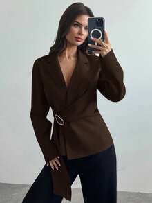 Firerie Damen Jacke mit Metalldekoration in Braun-Grau, Imitat Leinen, Anzugjacke/Herbstmode Damen/Herbstoutfits Damen/Herbstoutfits/Schulanfang/Homecoming/Business Lässig Damen/Old Money Stil Damen/Bürooutfits für Damen/Ausgehoutfits