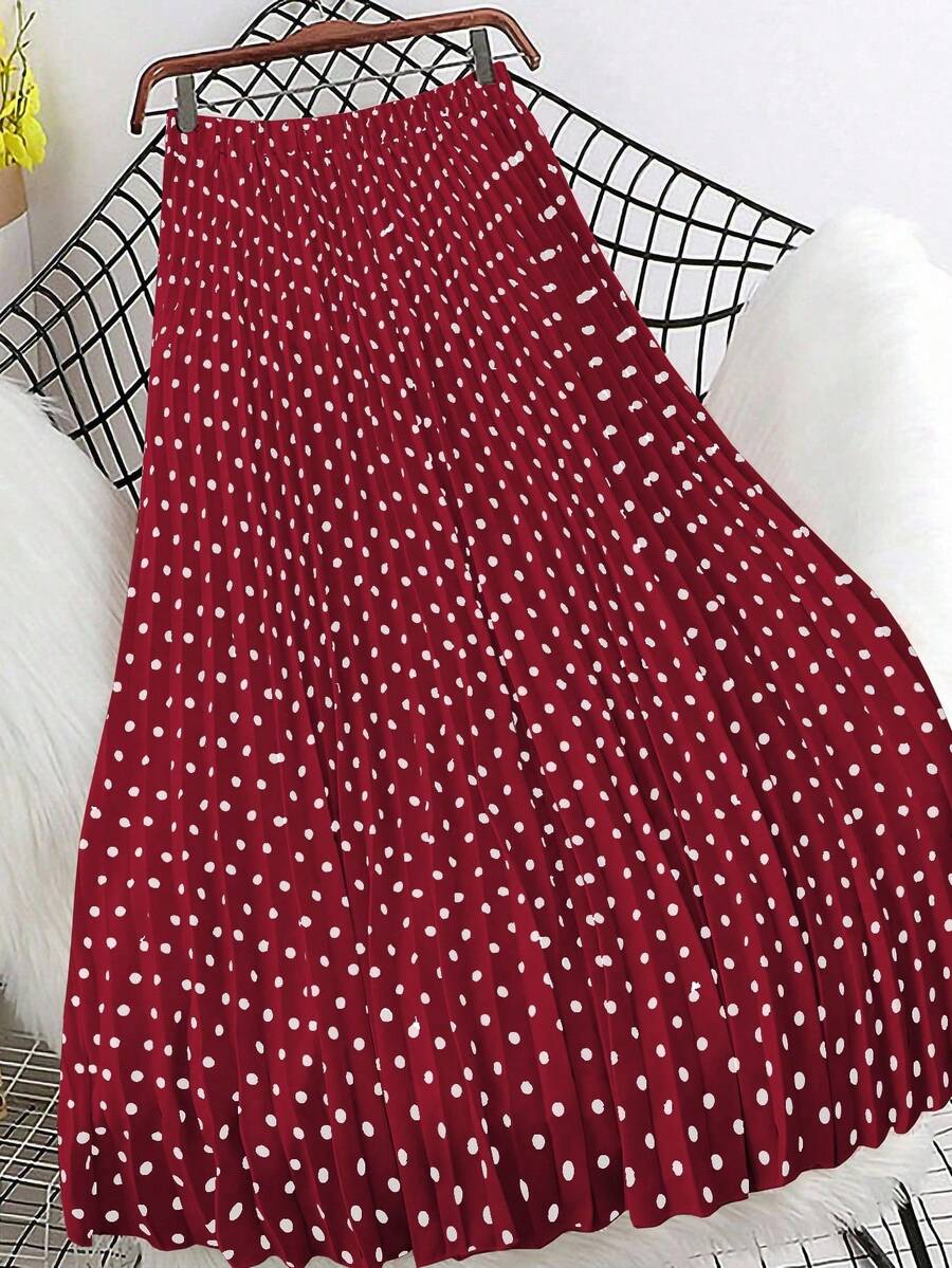 SHEIN Clasi Plus Size Women's Elegant Polka Dot Print Pleated A-Line Skirt, Spring/Autumn - Red - View 1