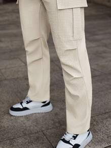 Manfinity Homme 1 件男士多口袋工装裤，宽松直筒版型，通勤，四季皆宜，成熟休闲酷炫风格，男友/丈夫礼物，周年纪念礼物，帆布面料，适合秋季 - 杏色 - 查看 5