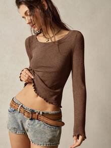 Bohemela Vacation Casual Solid Color Knit Long Sleeve Round Neck Women T-Shirt,Brown Top Brown Clothes Coffee Brown Top Brown Top Women Brown Long Sleeve Top - Brown - View 4