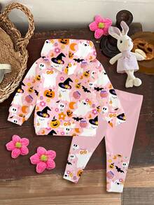 SHEIN 2pcs Baby Girl Cute Pumpkin, Ghost, Floral Pattern, Adorable Witch, Magic Elf, Pink Autumn Vibe, Casual Minimalist Letter Print Loose Drop Shoulder Hoodie Sweatshirt And Pants Set Fall Winter