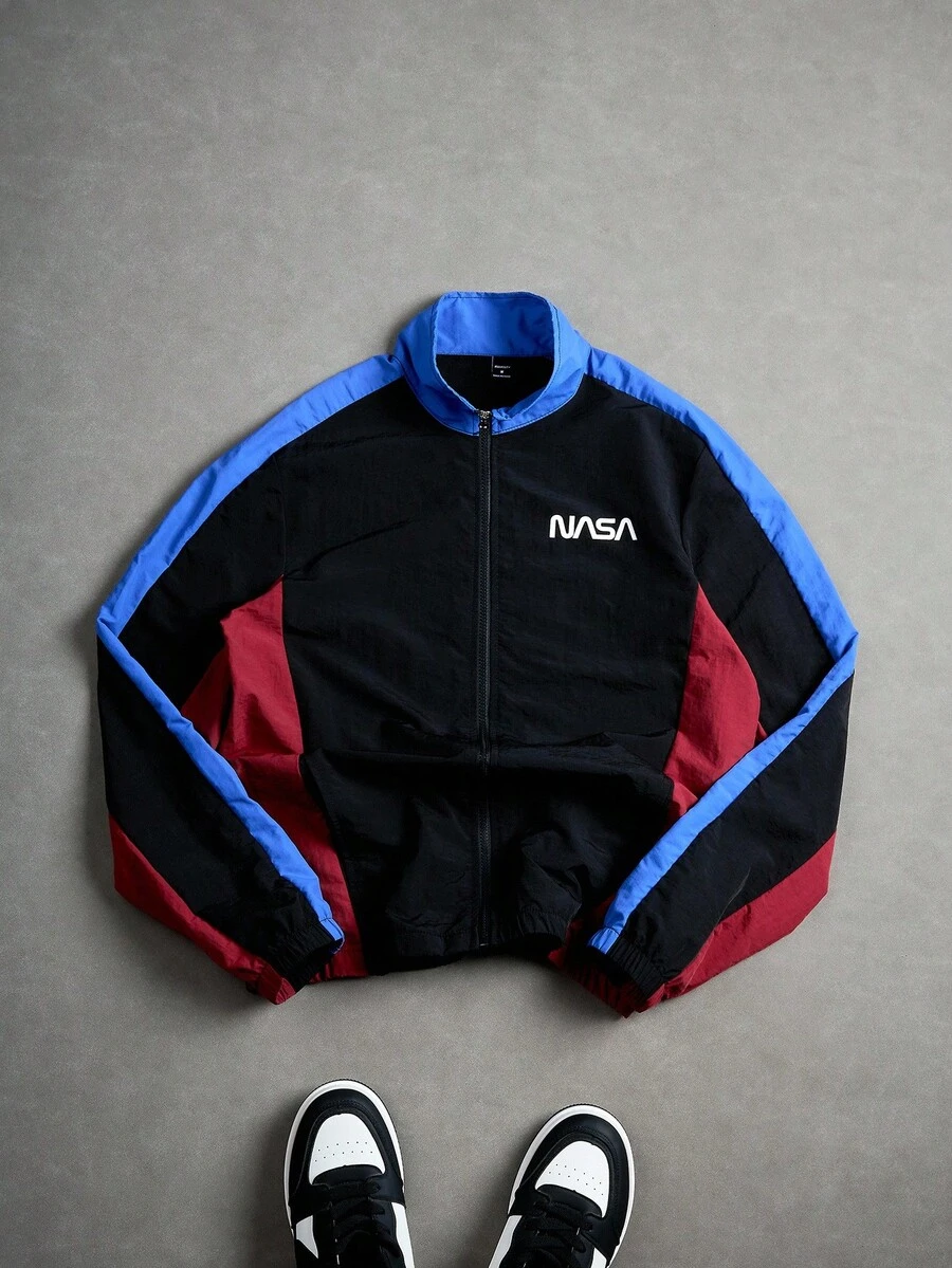 PAVTROS 男士休闲拼色拉链立领夹克，饰有字母图案，运动风格，适合日常穿着、通勤、运动、学校、聚会和音乐节。可作为礼物赠送给朋友或男朋友，男士拉链夹克，男士运动夹克，垃圾摇滚 - 黑色 - 查看 1