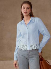 MOTF PREMIUM 条纹镂空衬衫 - 藍白色 - 查看 1