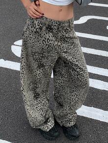 DAZY 女士豹纹宽松哈伦裤，休闲街头风牛仔裤 Y2k - 軍綠色 - 查看 6
