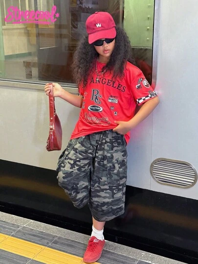 SHEIN Explorewe 青少年女孩休闲棋盘格和字母印花 T 恤，夏季