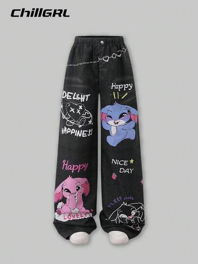SHEIN Teen Girl Street Style Cartoon Print Black Casual Long Pants 2025 Back-To-School Season Kids College Outfits And Campus Sportswear 2025 Back-To-School Season Kids College Outfits And Campus Sportswear