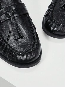 MOTF 新款法式复古纹理PU皮革流苏方头平底女鞋，黑色百搭休闲轻便耐磨防滑舒适单踏板高端女鞋