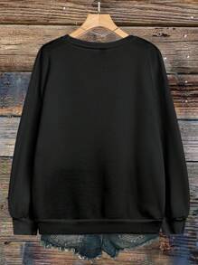 SHEIN CURVE+ 大码女式运动衫橙色咖啡色字母印花休闲运动衫秋季时尚服装 - 黑色 - 查看 2