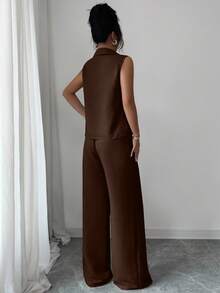 Rafferiza 2pcs/Set Women's Fashionable Casual Versatile V-Neck Sleeveless Top And Loose Distinctive Belt Decor Straight Leg Pants, Spring/Summer - Coffee Brown - View 2