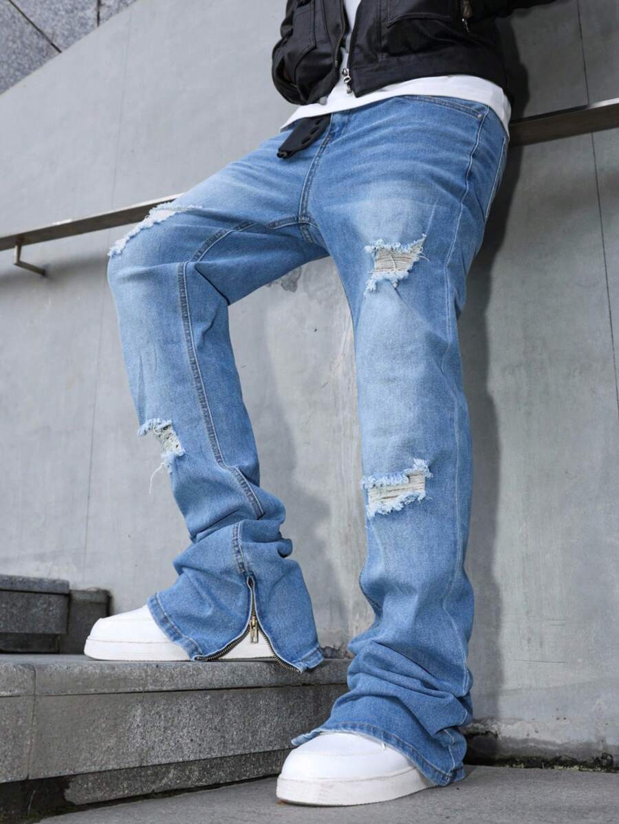 Manfinity EMRG 男士破洞牛仔裤，时尚适合夏季 - 中等水洗藍 - 查看 1